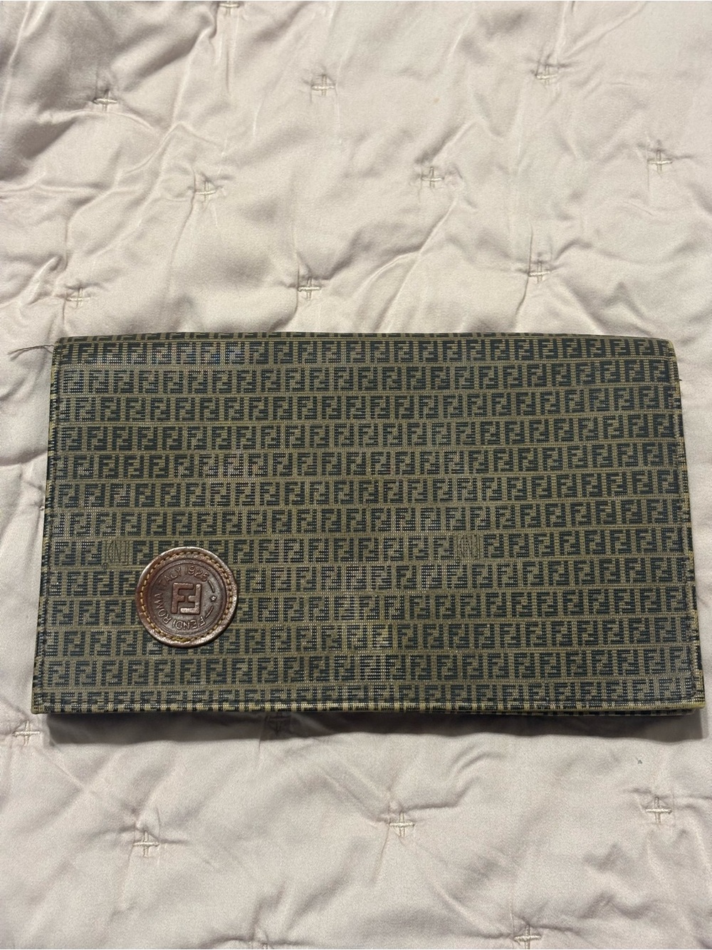 Vintage Fendi Brown and Yellow FF Logo Medallion Zip Clutch 80s